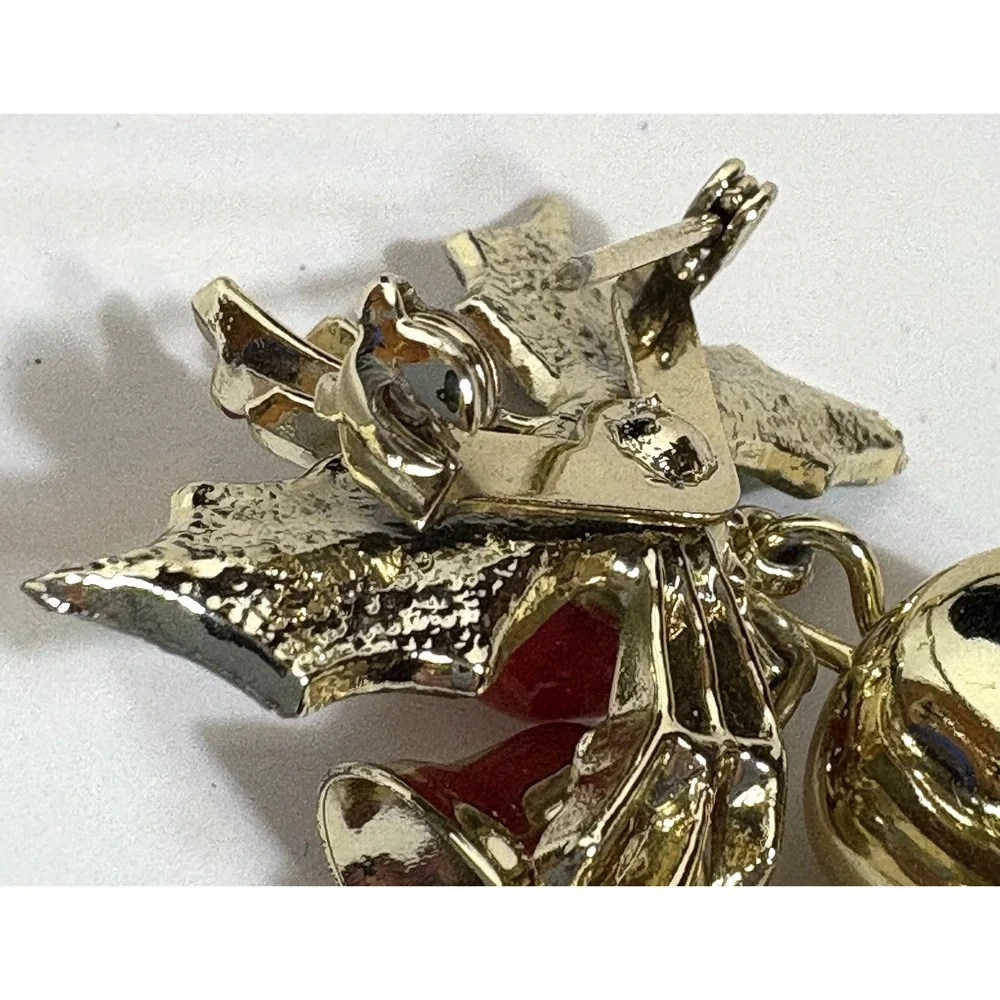 Double Brass Ringing Bells Enameled Holly Brooch Pin Vintage Christmas Holiday
